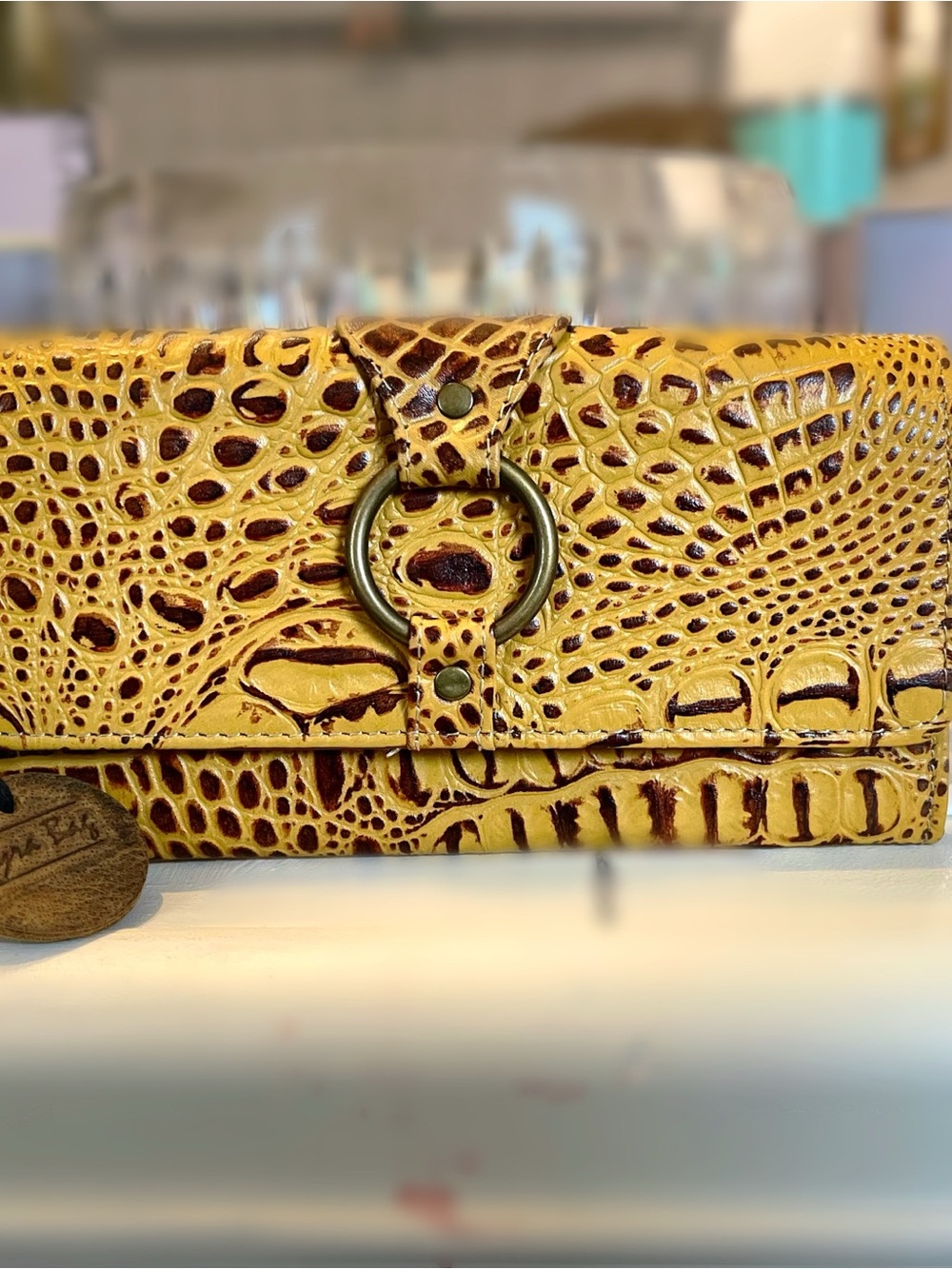Myra Bag Mustard Croc-Embossed Upcycled Leather Wristlet w/ RFID-blocking tech.